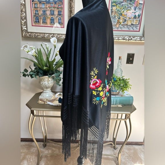 Floral Sarong Embroidered Black Triangle Maxi Shawl Coverup with Fringe Hem - Picture 10 of 12